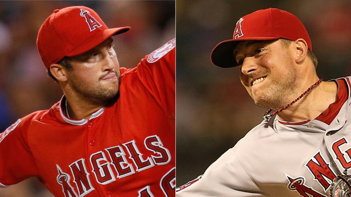 Angels pitchers Huston Street, left, and Joe Smith have played vital roles in helping the team stay in the hunt for first place in the AL West division.