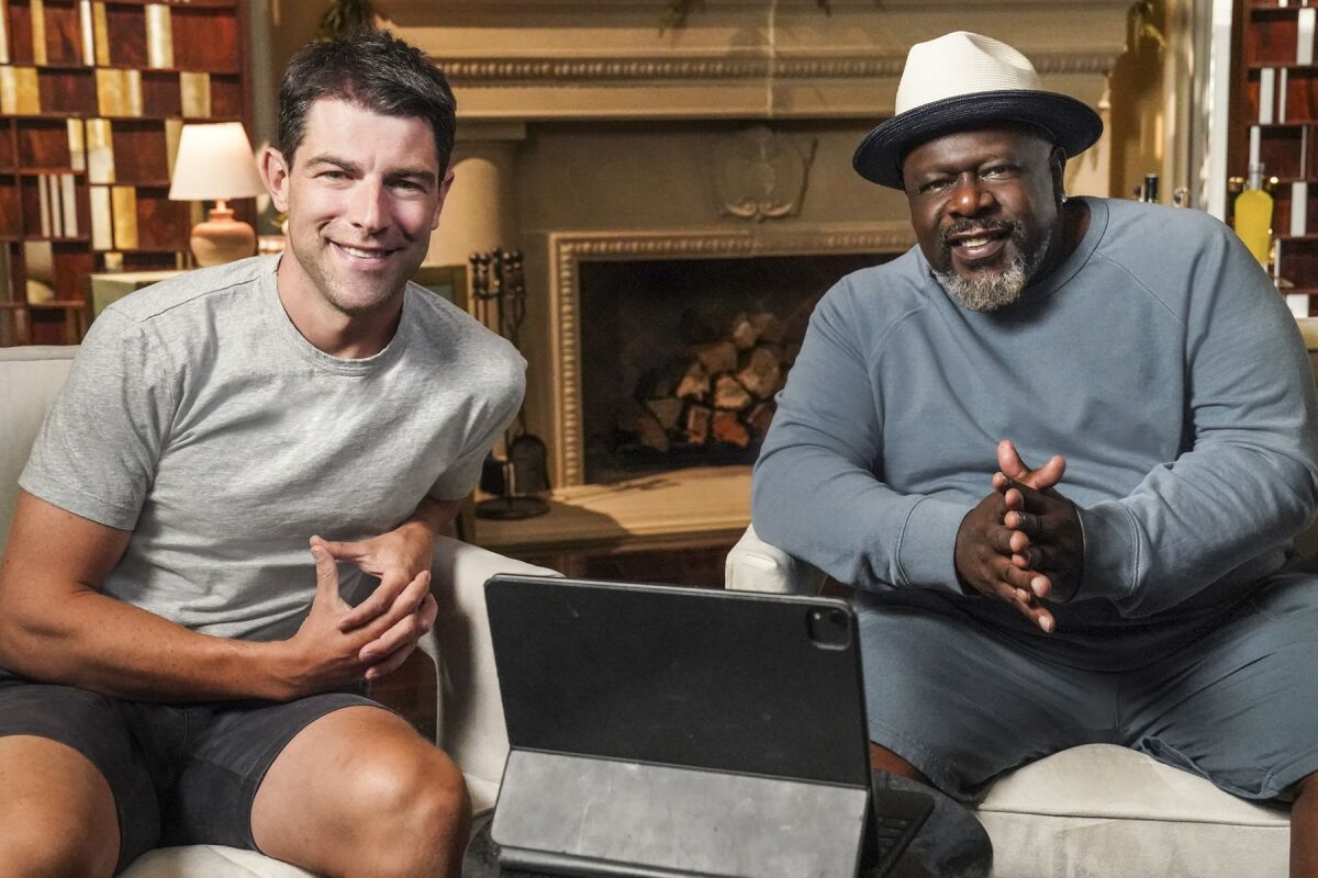 Max Greenfield, left, and Cedric the Entertainer in "The Greatest #AtHome Videos" on CBS.