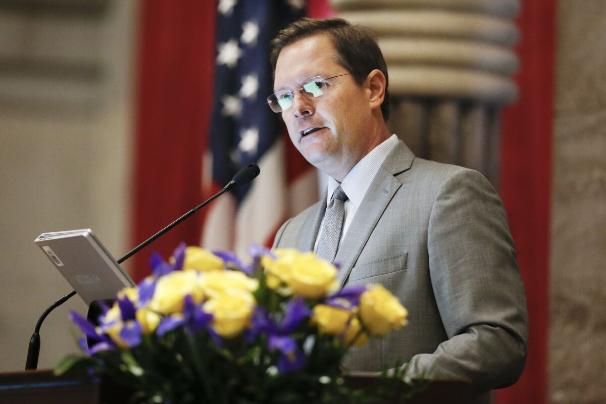 House Speaker Cameron Sexton, R-Crossville, presides over the House on the first day of the 2020 legislative session, Jan. 14, 2020, in Nashville, Tenn. Tennessee Republicans plan to carve fast-growing Nashville into multiple congressional seats, making it potentially easier for the state's Republican-dominated congressional delegation to flip a previously Democratic-controlled district, House Speaker Cameron Sexton confirmed Monday, Jan. 10, 2022. (AP Photo/Mark Humphrey)