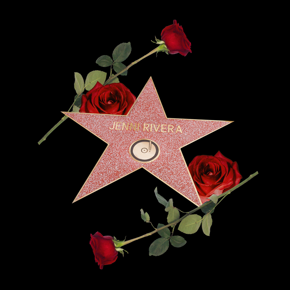 A collage of roses and Jenni Rivera's star on the Hollywood Walk of Fame.