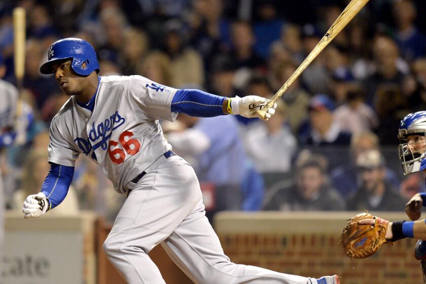 Dodgers center fielder Yasiel Puig had three hits, drove in a run and scored once in the 8-4 victory over the Cubs on Thursday night in Chicago.