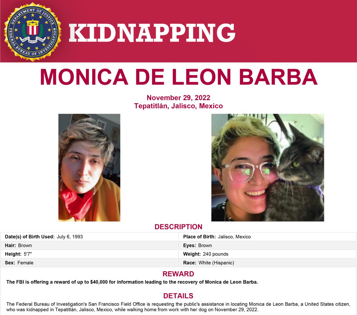 A poster shows two photos of kidnapping victim Monica De Leon Barba and details her description, the crime and the reward.   
