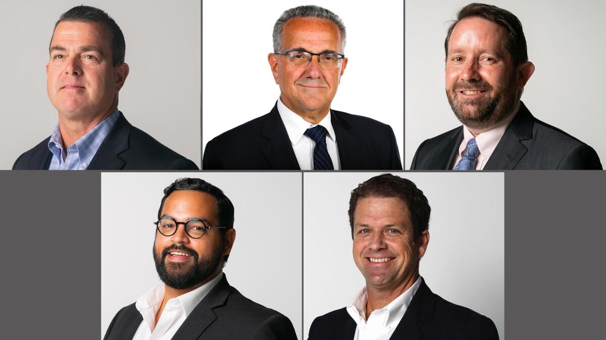 Five of the candidates for San Diego City Council District 1: top row, Aaron Brennan, Joe LaCava, Will Moore. Bottom row; Harid Puentes and James Rudolph.