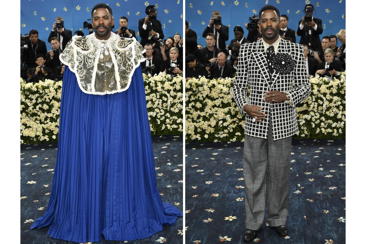 A side by side of Colman Domingo showing the two outfits he wore at the 2025 Met Gala.