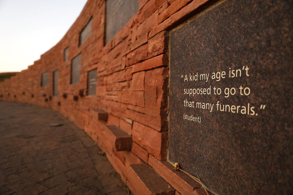 A plaque at the Columbine Memorial in Littleton, Colorado. 