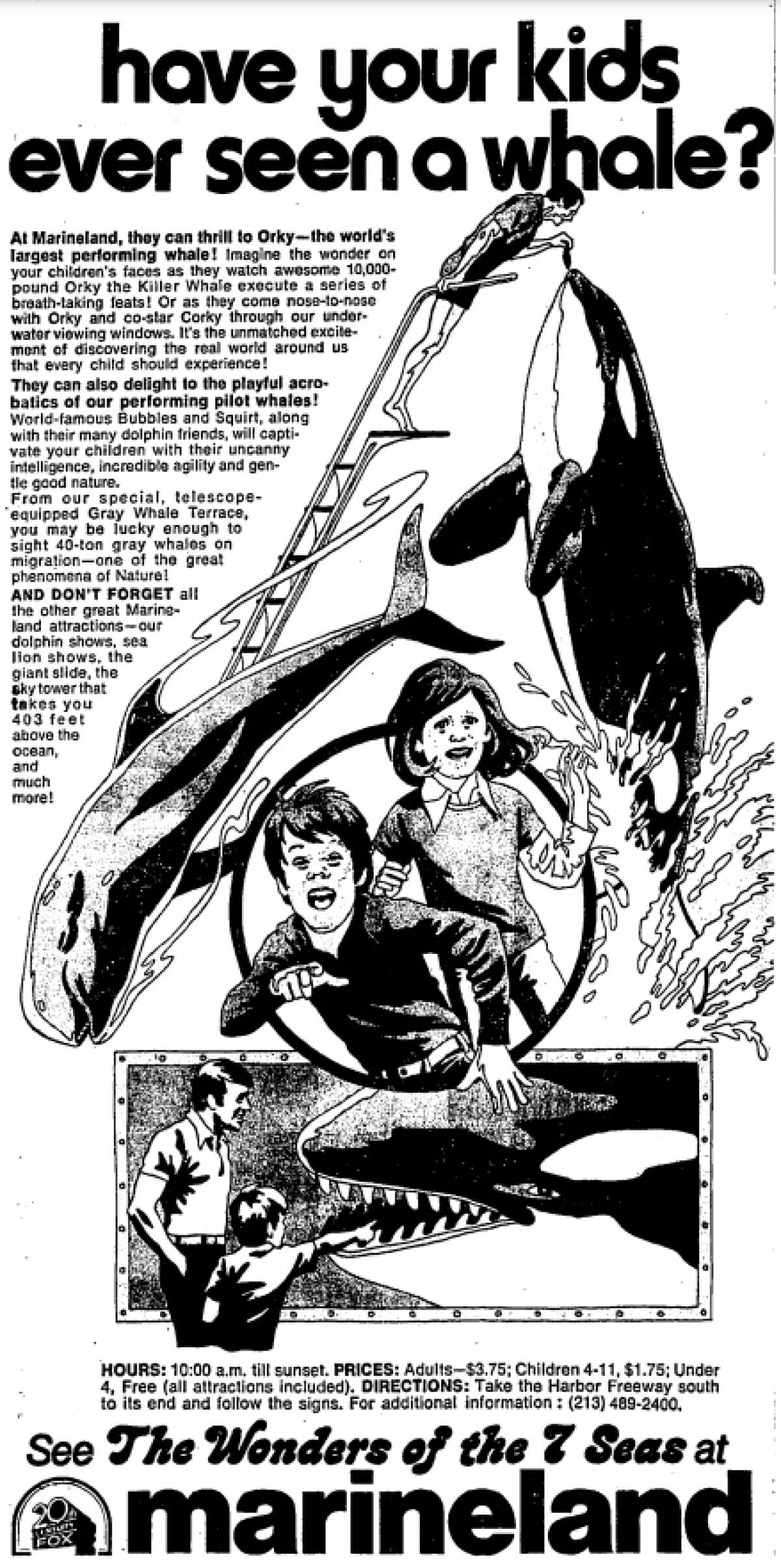 Une annonce dans un journal pour Marineland demande "Vos enfants ont-ils déjà vu une baleine ?"