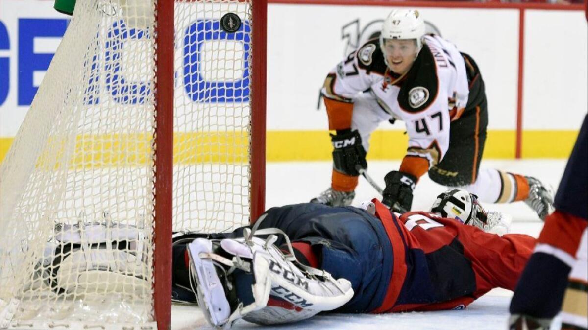 Ducks defenseman Hampus Lindholm scores on Capitals goaltender Braden Holtby during the second period of a game on Feb. 11.