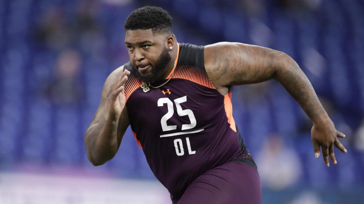 Alabama State offensive lineman Tytus Howard runs a drill at the NFL scouting combine.