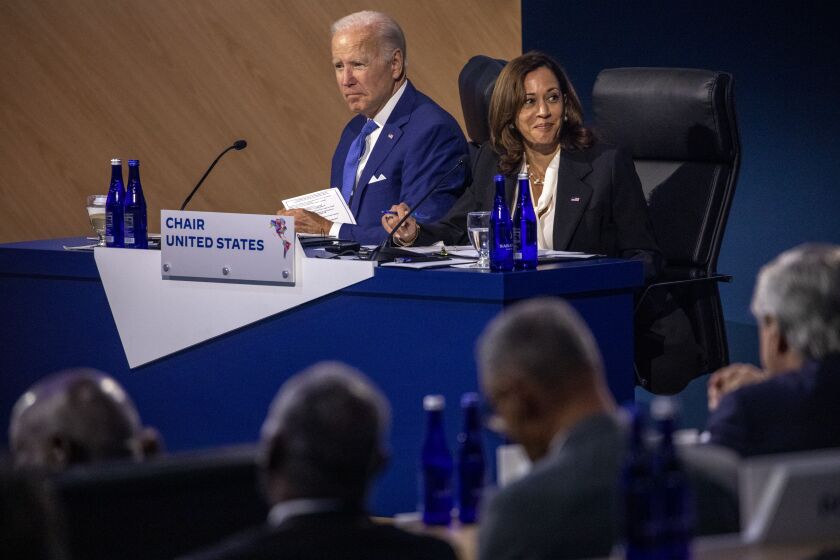 Los Angeles, CA - June 09: U.S President Joe Biden and U.S. Vice President Kamala Harris at the Summit of the Americas at the LA Convention Center in Los Angeles on Wednesday, June 8, 2022. (Francine Orr/ Los Angeles Times)