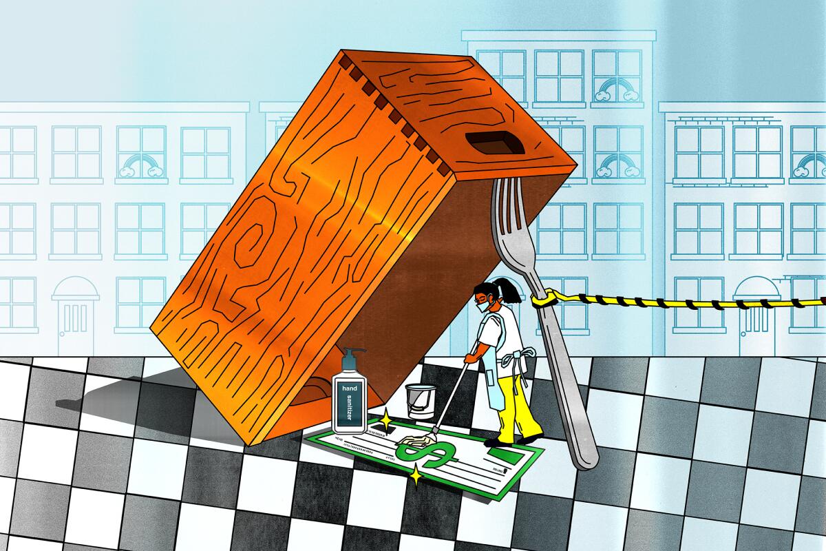 Illustration of a waiter stepping into a trap held up by a fork to sanitize a carpet made of cash 