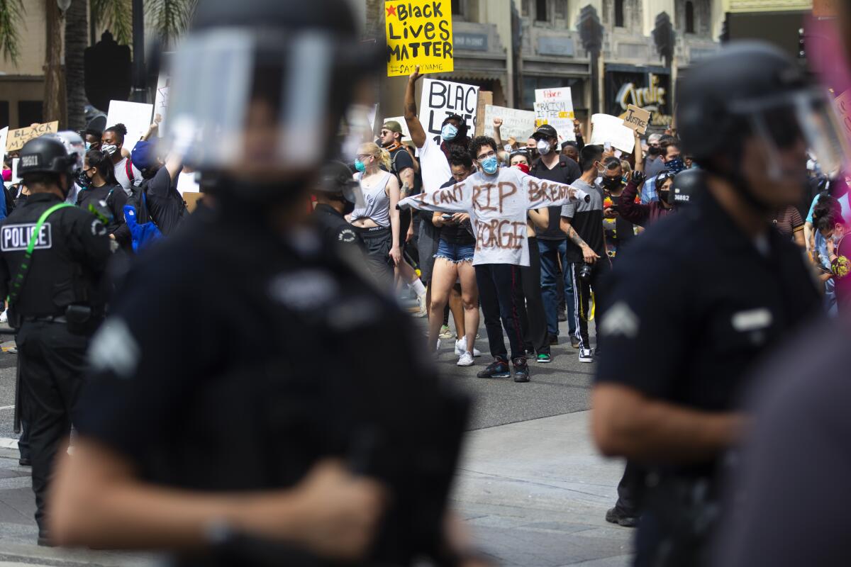 Demonstrators protest peacefully in Hollywood after the death of George Floyd on June 2.