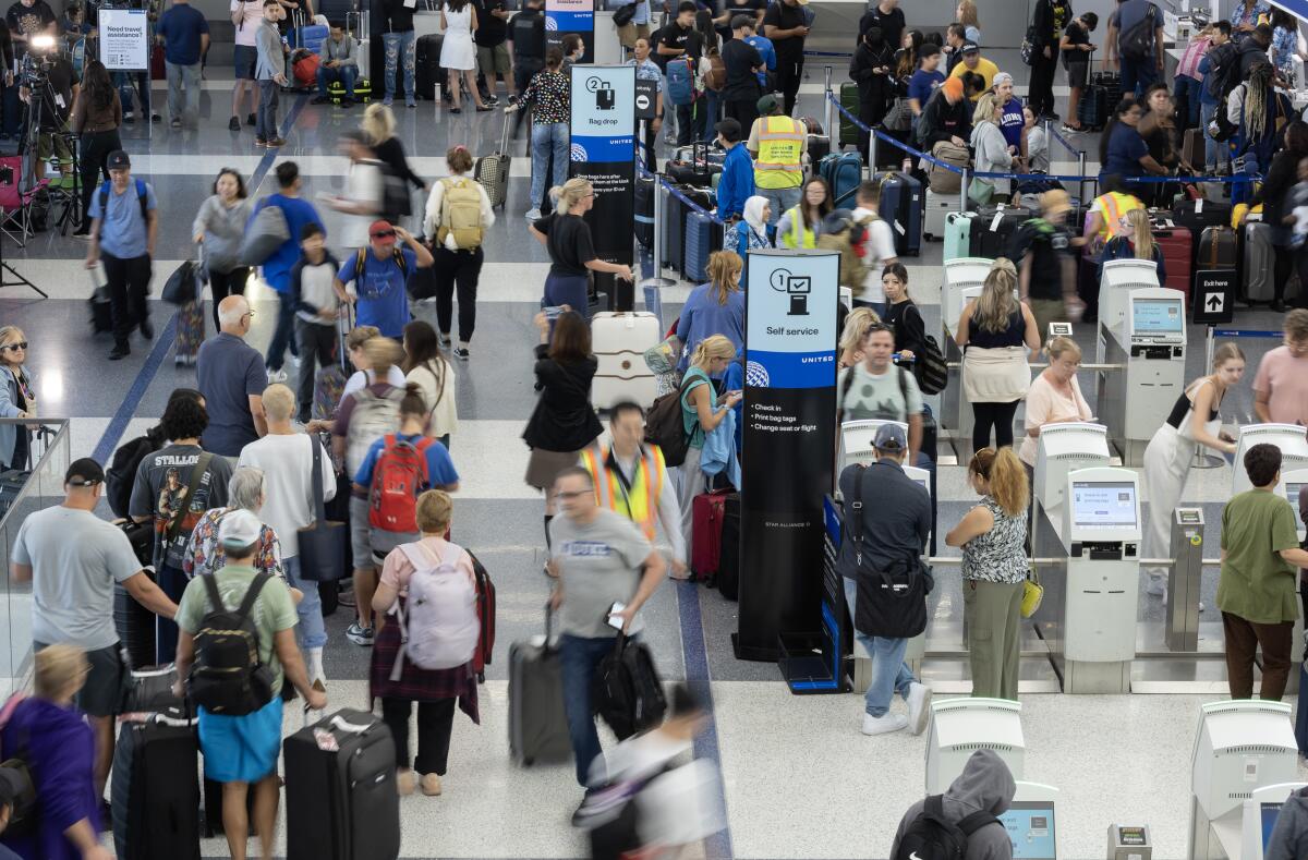 The United Airlines terminal on Friday, July 19, 2024 as a global technology outage affected LAX.