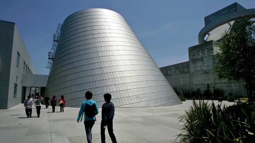 Portions of the Cortines School of Visual and Performing Arts resemble an alien spaceship. The campus, one of the most expensive, opened in 2009 north of downtown.