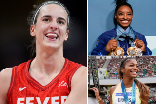 A multi-photo image featuring Caitlin Clark, Simone Biles and Gabby Thomas