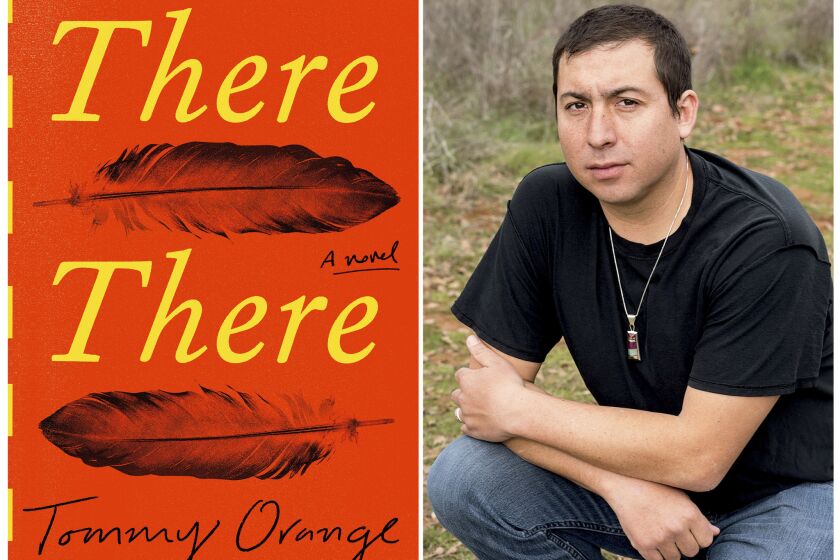 This combination photo shows a cover image of the novel "There There," by Tommy Orange, left, and a portrait of Orange. The most honored literary debut of 2018, has received the PEN/Hemingway award for distinguished new novel. Orange will receive $25,000, along with a month-long fellowship at the Ucross Foundation in Wyoming. (Knopf, left, and Elena Seibert via AP)