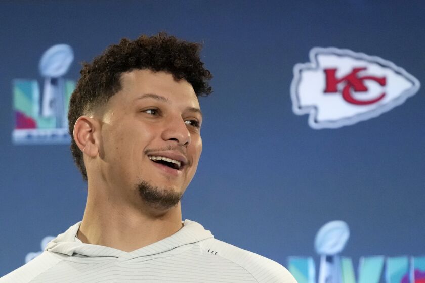 Kansas City Chiefs quarterback Patrick Mahomes answers a question during an NFL football Super Bowl media availability in Scottsdale, Ariz., Wednesday, Feb. 8, 2023. The Chiefs will play against the Philadelphia Eagles in Super Bowl 57 on Sunday. (AP Photo/Ross D. Franklin)
