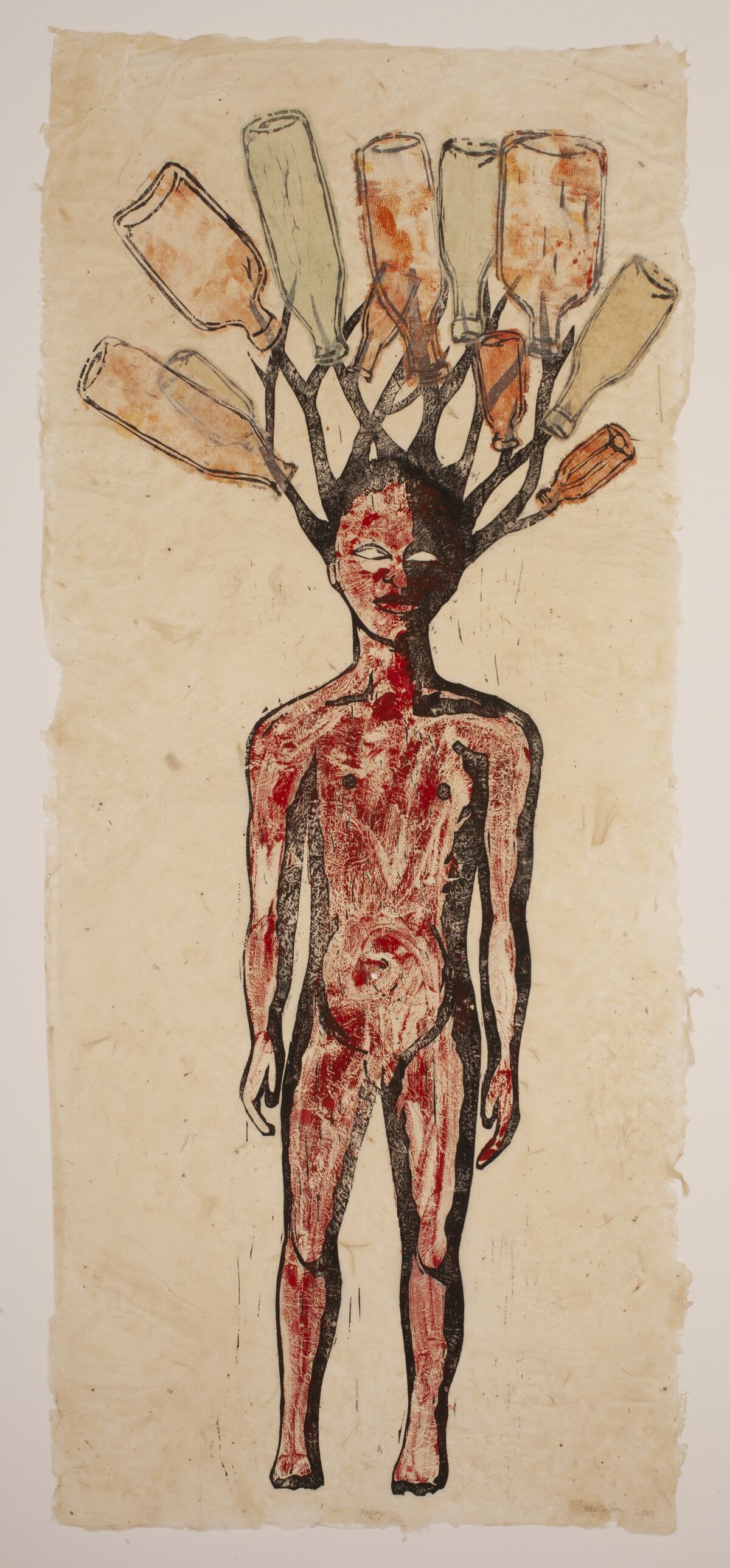 A work of art shows a black female figure with bottles emerging from her hair.