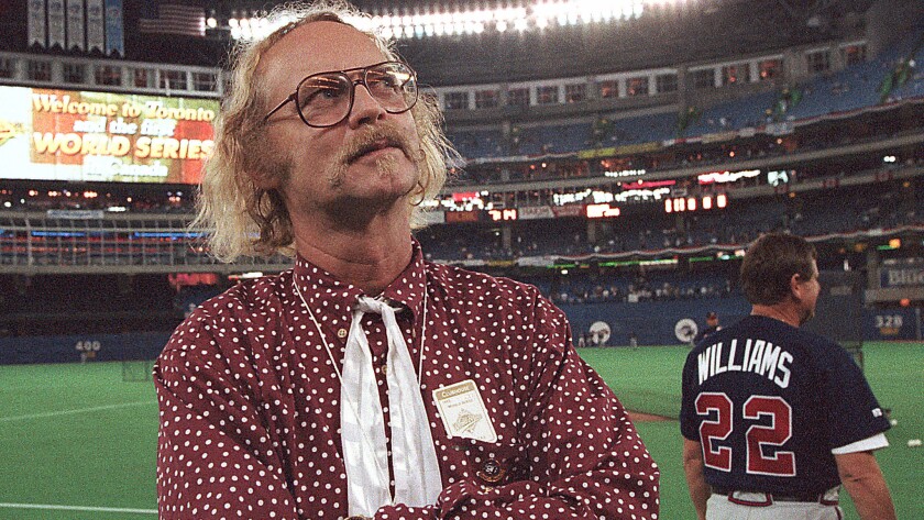 W.P. Kinsella stands on the field in Toronto before Game 5 of the 1992 World Series between the Toronto Blue Jays and Atlanta Braves.