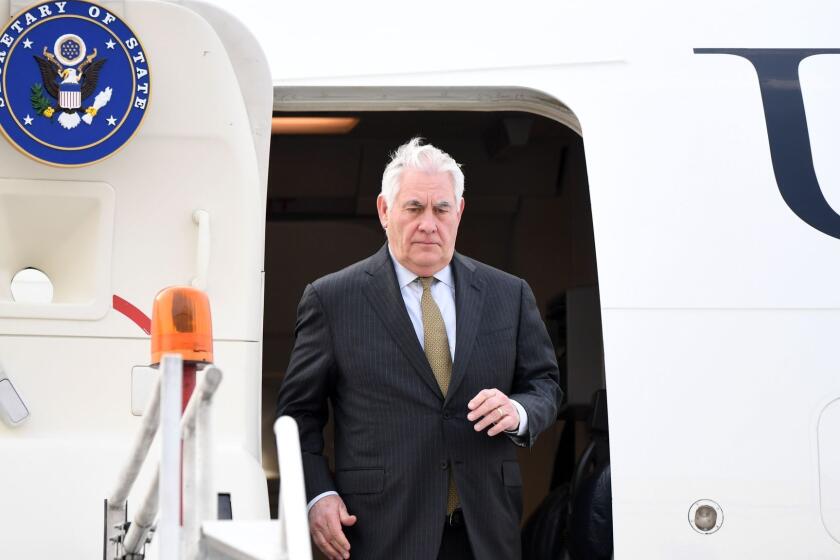 US Secretary of State Rex Tillerson disembarks from the plane upon his arrival in Mexico City on February 1, 2018. US Secretary of State Rex Tillerson is on an official two-day visit to Mexico as part of a tour of Latin America countries. / AFP PHOTO / PEDRO PARDOPEDRO PARDO/AFP/Getty Images ** OUTS - ELSENT, FPG, CM - OUTS * NM, PH, VA if sourced by CT, LA or MoD **