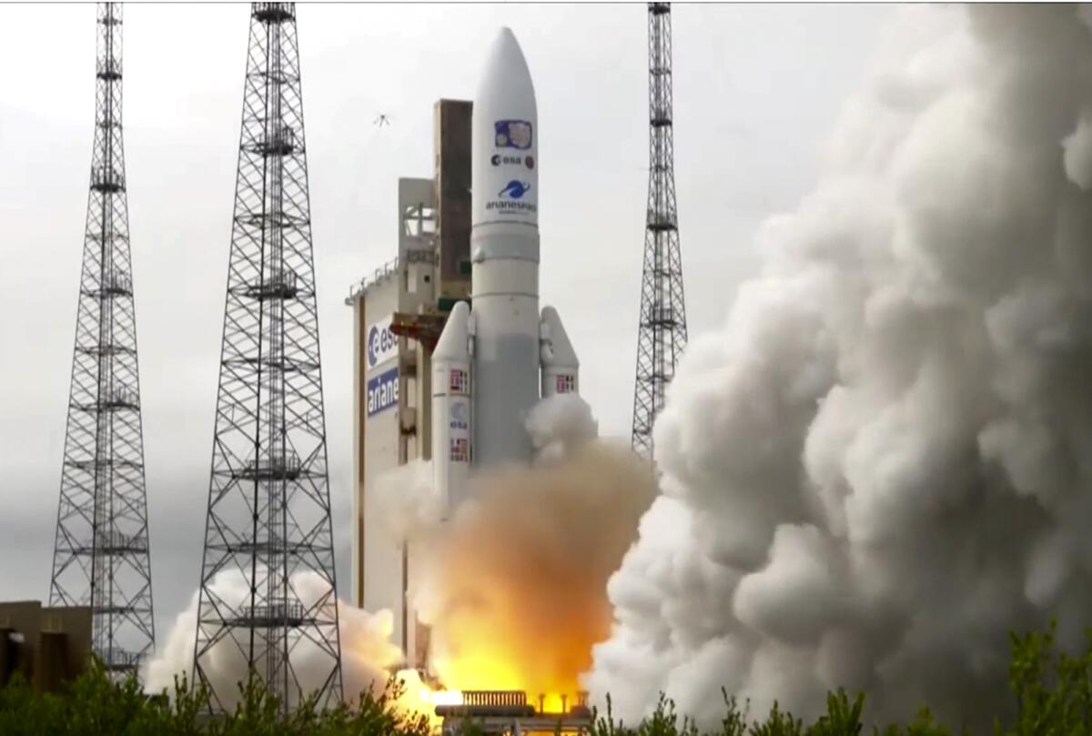 A rocket carrying the robotic explorer Juice takes off from Europe's Spaceport in French Guiana on Friday. 