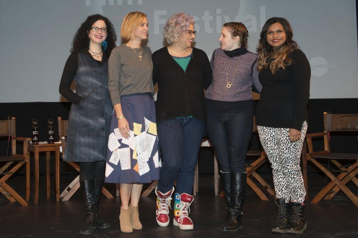 Emily Nussbaum, left, Kristen Wiig, Jenji Kohan, Lena Dunham and Mindy Kaling attend the "Power Of Stories: Serious Ladies" panel during the Sundance Film Festival.