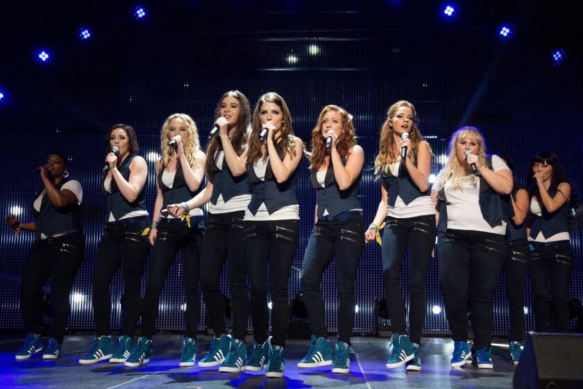 This photo released by Universal Pictures shows, from left, Ester Dean as Cynthia Rose, Shelley Regner as Ashley, Kelley Alice Jakle as Jessica, Hailee Steinfeld as Emily, Anna Kendrick as Beca, Brittany Snow as Chloe, Alexis Knapp as Stacie, Rebel Wilson as Fat Amy, and Hana Mae Lee as Lilly in a scene from the film, "Pitch Perfect 2."