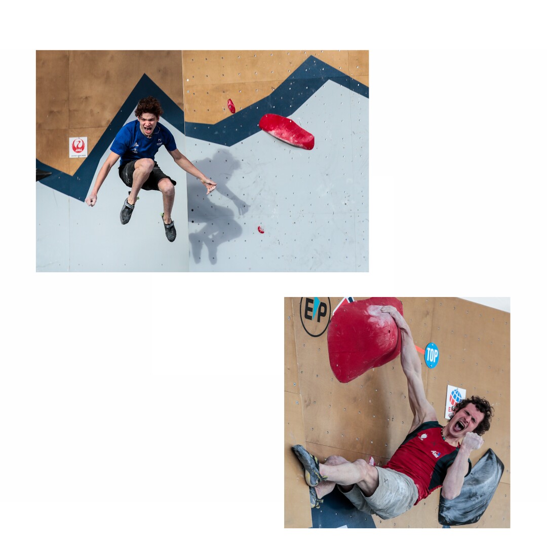Top: A boy falling from a wall screams; Bottom: a man hanging from a plastic hold screams and pumps his fist.