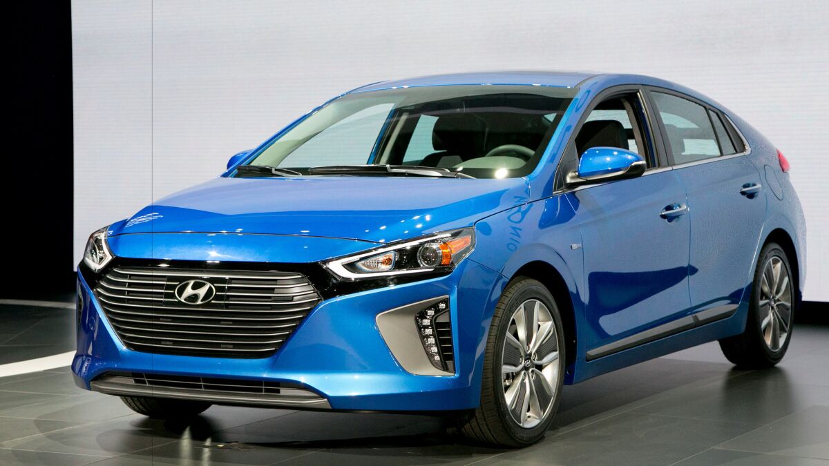 The 2017 Hyundai Ioniq hybrid at the New York International Auto Show in March. It goes on sale in California this year.
