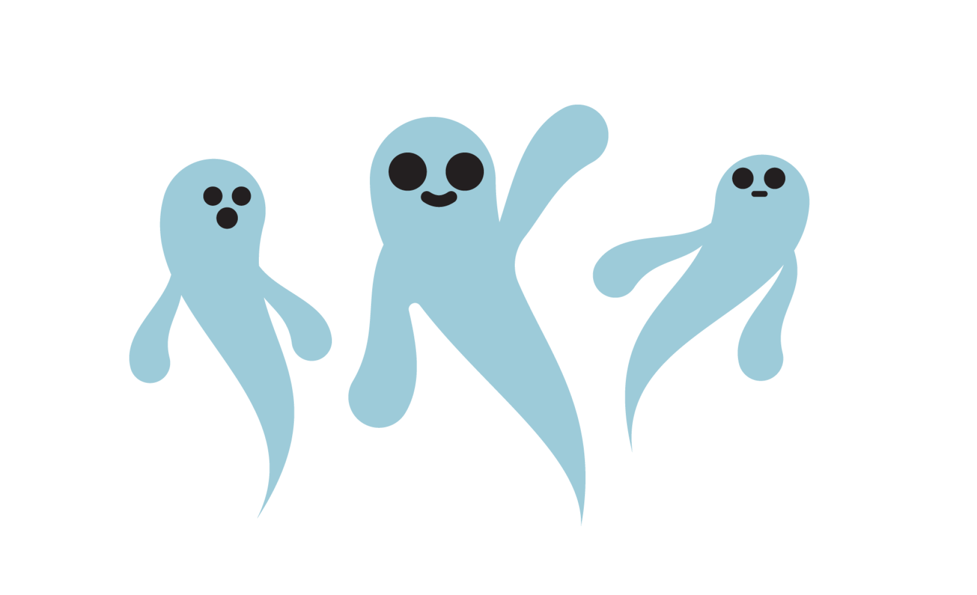 Illustration of three ghosts, one smiling and waving