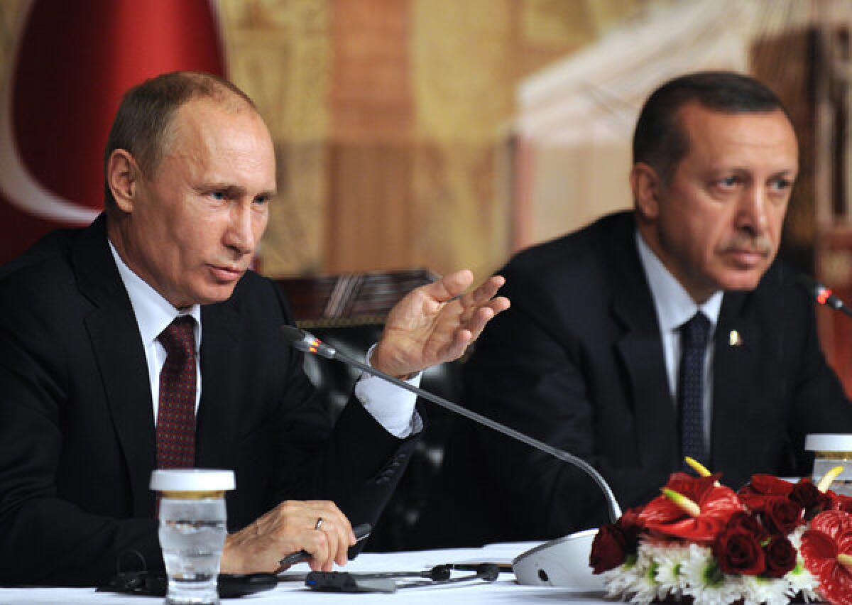 Russian President Vladimir Putin, left, and Turkish Prime Minister Recep Tayyip Erdogan after a meeting in Istanbul, Turkey.