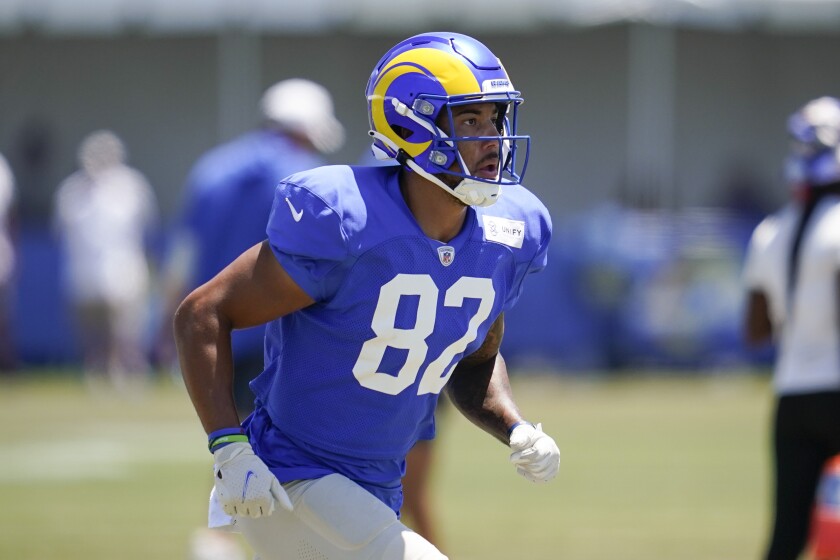 Rams wide receiver Lance McCutcheon (82) takes part in practice.