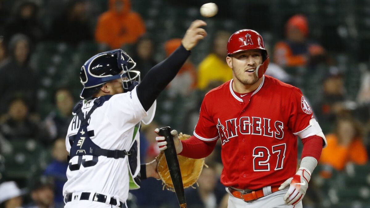 Angels’ Mike Trout strikes out in the sixth inning against the Detroit Tigers in Detroit on Wednesday.