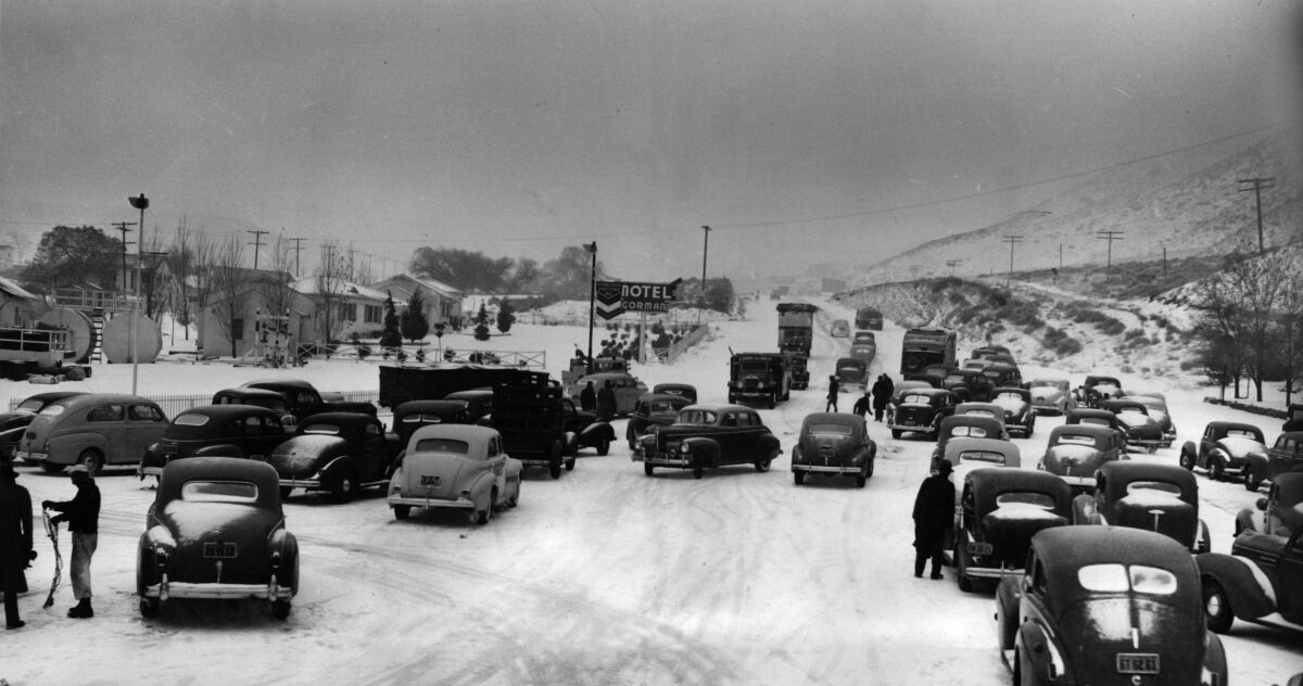 Hundreds of vehicles were halted by a snowstorm on the Ridge Route on Dec. 16, 1940. 