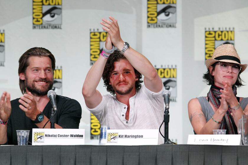 Nikolaj Coster–Waldau, left, Kit Harington and Lena Headey at the "Game of Thrones" panel at Comic-Con in San Diego on July 21, 2011.