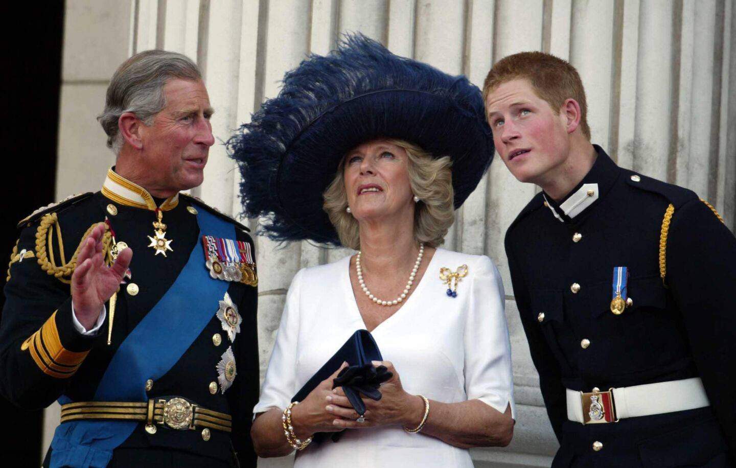 Britain's Prince Charles from left, Camilla, Duchess of Cornwall and Prince Harry.