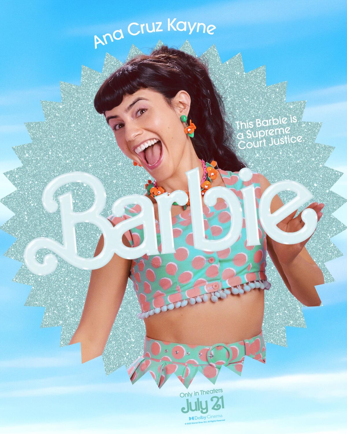 Ana Cruz Kayne smiles in a polka-dot outfit in a movie poster for "Barbie."