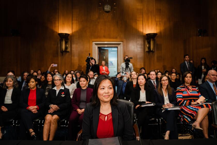 WASHINGTON, DC - APRIL 20: Deputy Labor Secretary Julie A. Su of California arrives to testify before the Senate Health, Education, Labor and Pensions (HELP) Committee during her confirmation hearing to be the next Secretary of Labor in the Dirksen Senate Office Building at the U.S. Capitol on Thursday, April 20, 2023 in Washington, DC. (Kent Nishimura / Los Angeles Times)