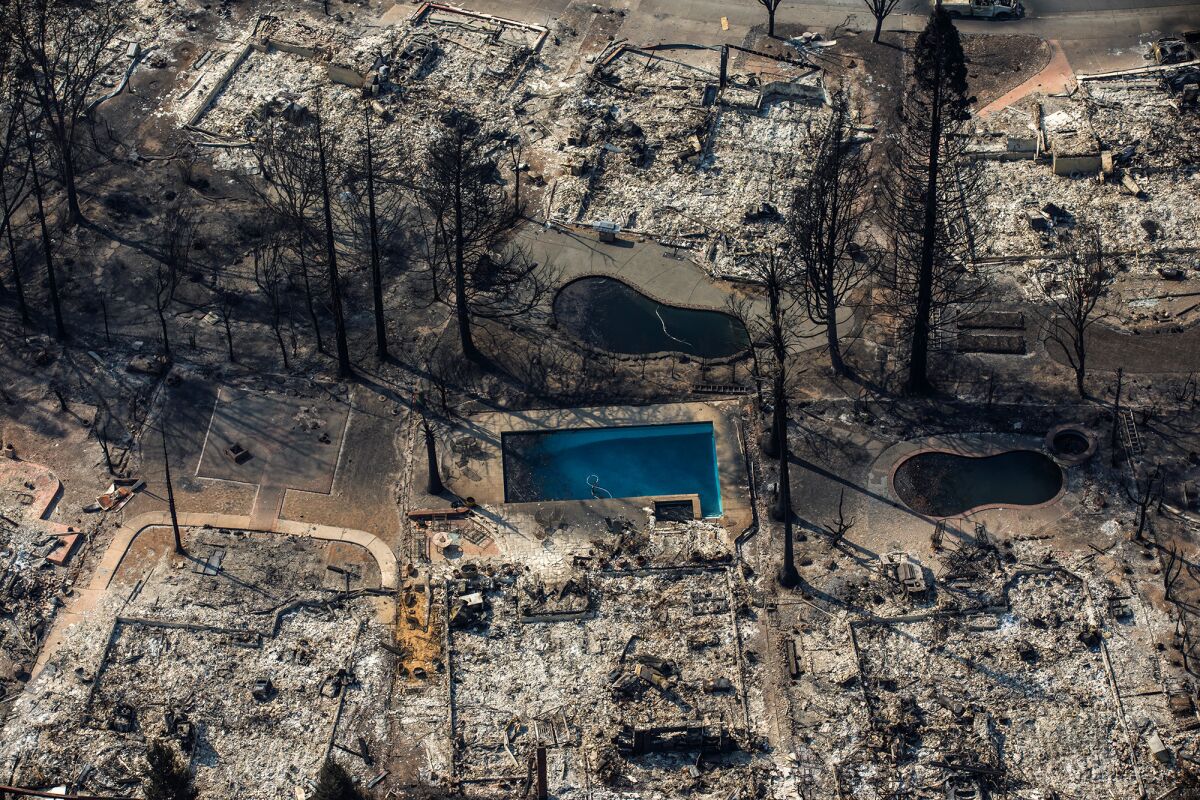 An aerial view of the Coffey Park neighborhood destroyed by wildfire in Santa Rosa.