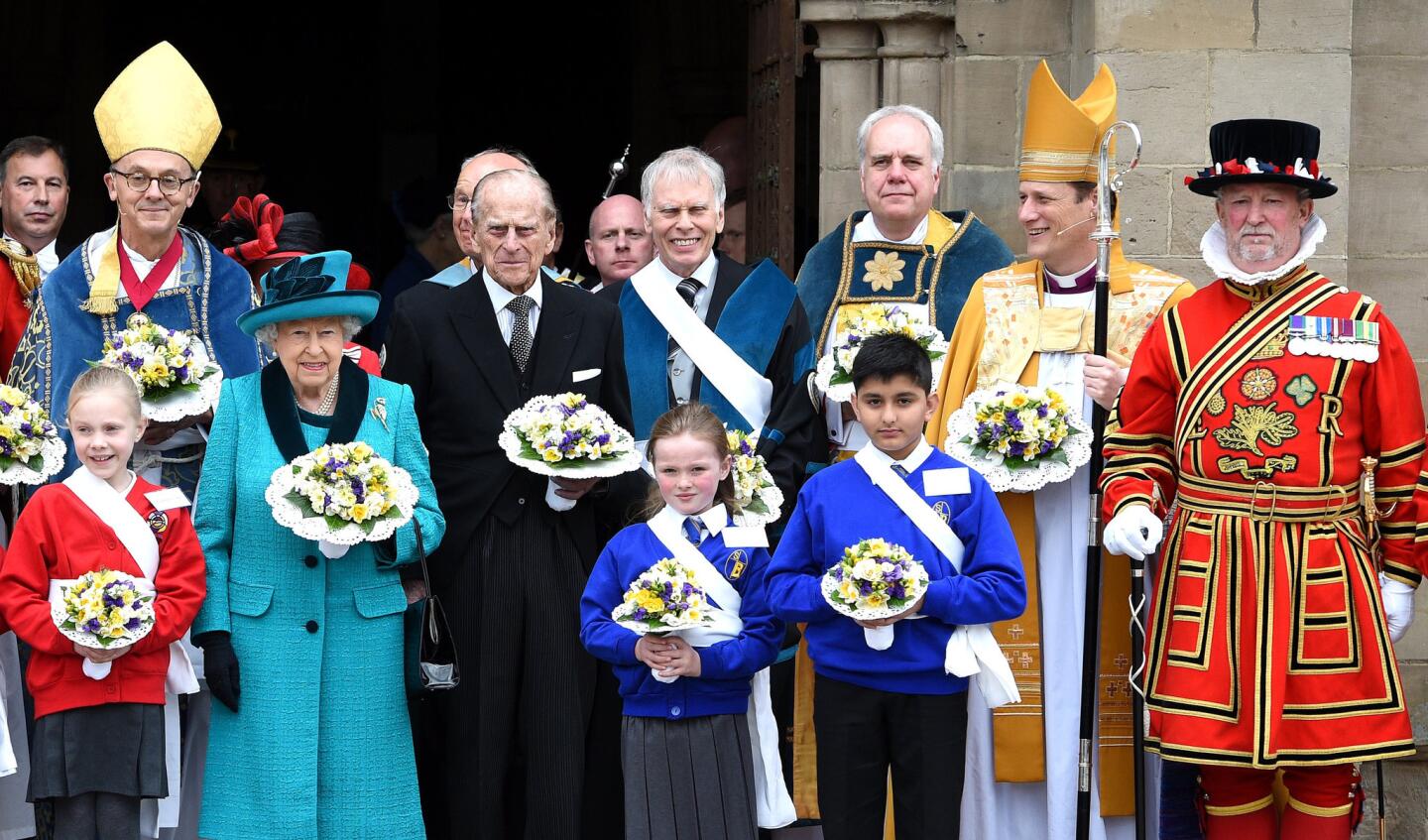 Queen Elizabeth II and Prince Philip attend the Royal Maundy Service in Leicester Cathedral on April 13, 2017.