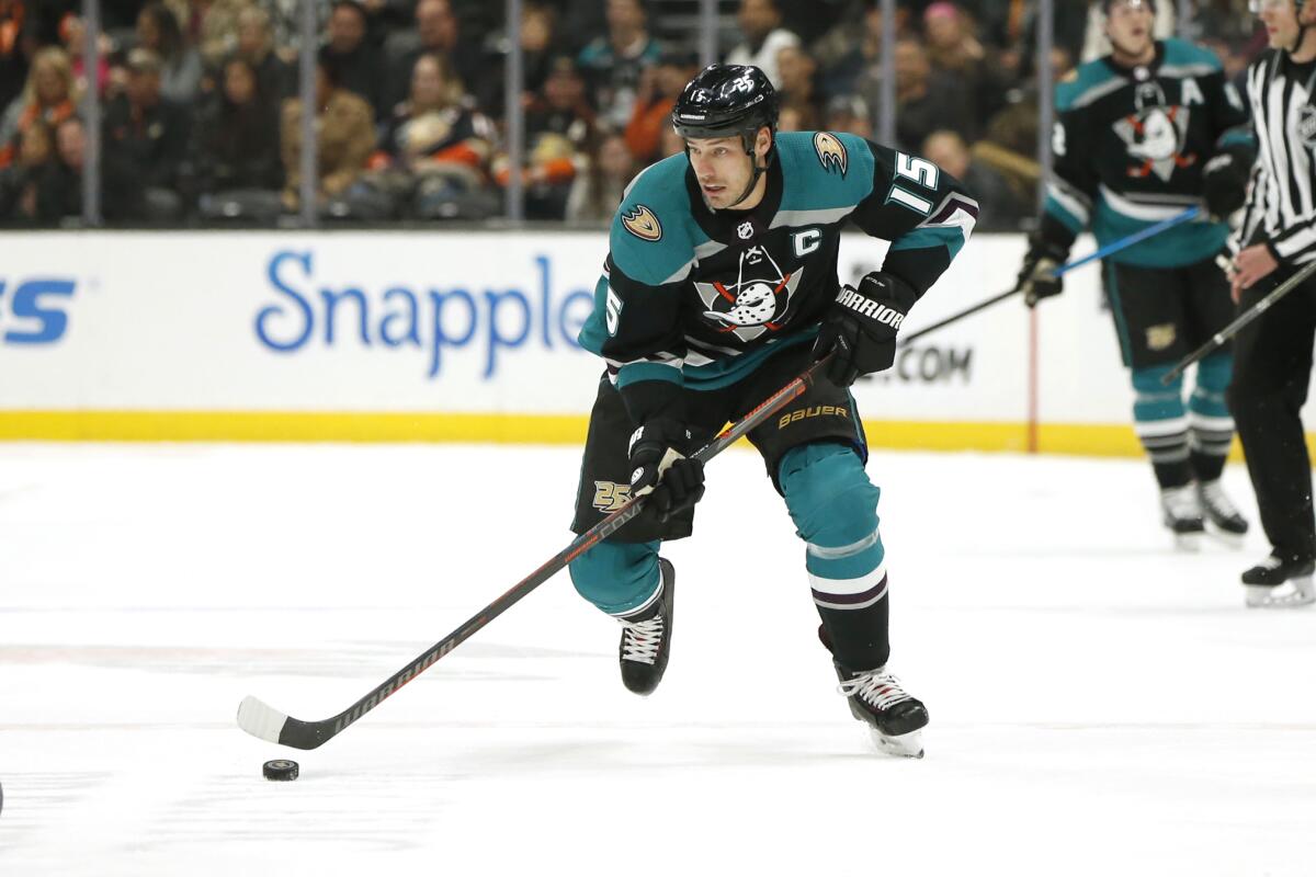 Ducks captain Ryan Getzlaf controls the puck during a game last season.