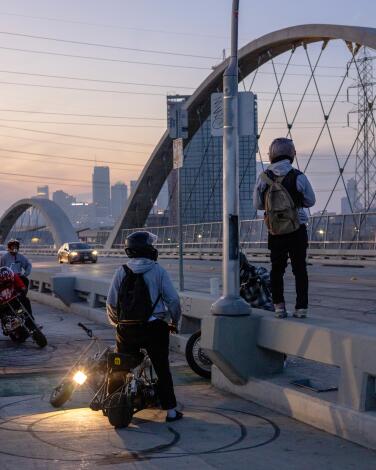Mini bikes riders, some from the 605 Minibike Gang, hang out on the Sixth Street Viaduct, aka the Sixth Street Bridge.