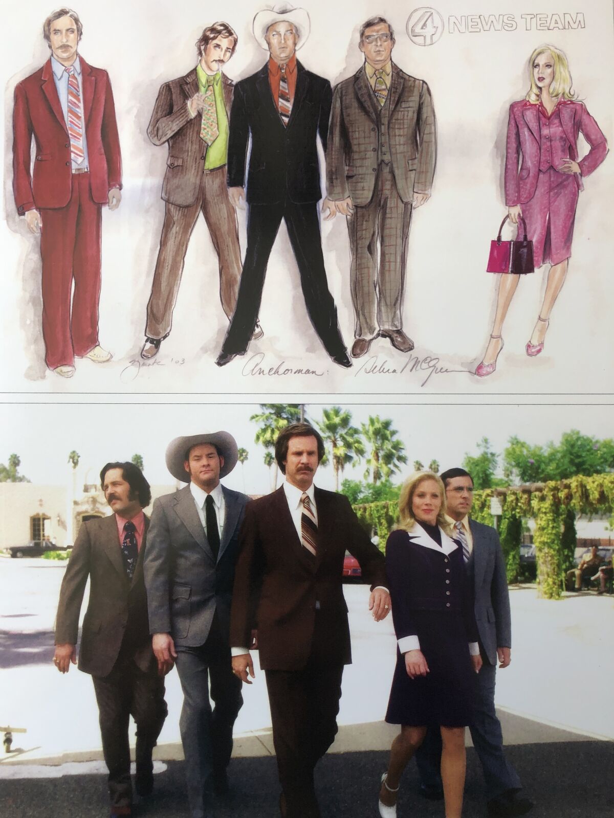 Sketches for colorful costumes for the movie "Anchorman" on top half, bottom half a still from the film.
