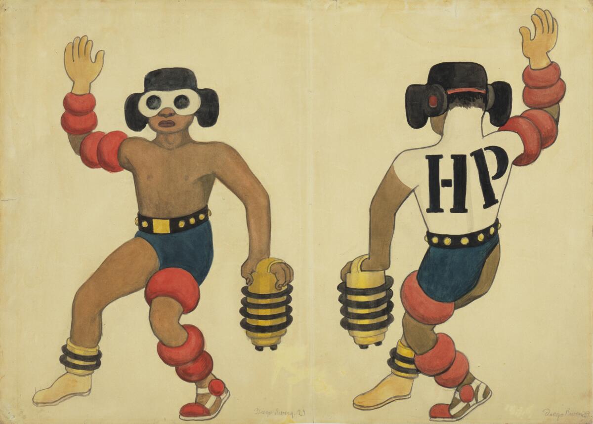 In a drawing by Diego Rivera, a dancer wears a space-age costume with rings around one leg and a hat with large lenses.