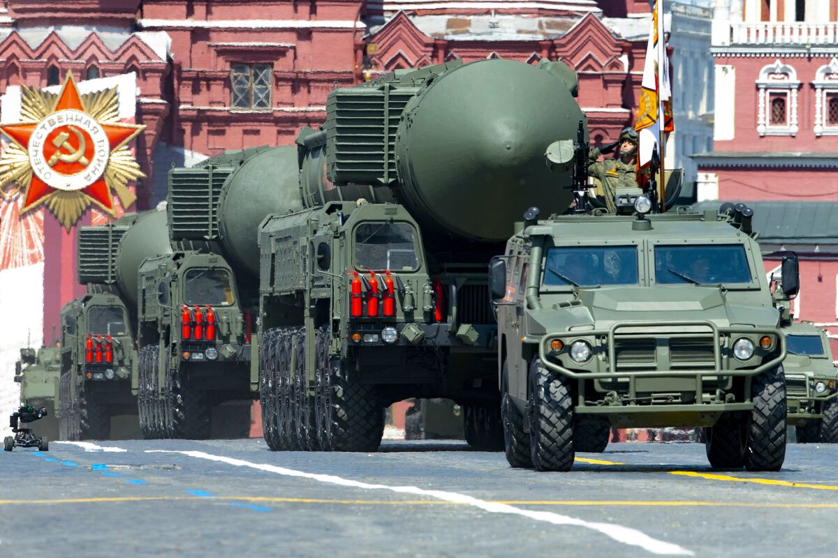 Russian ballistic missiles roll in Red Square during a 2020 military parade marking the 75th anniversary of the Nazi defeat.