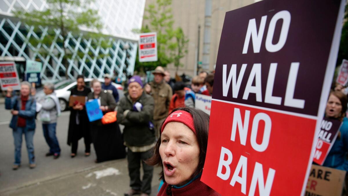 A protest outside the U.S. 9th Circuit Court of Appeals in Seattle last month.