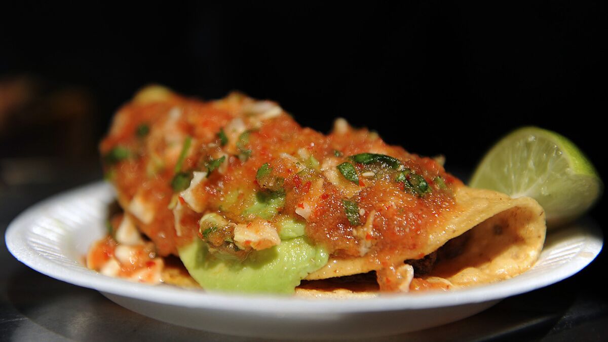 Tacos dorados de camarones at the Mariscos Jalisco taco truck, parked in downtown L.A. for the last 15 years.