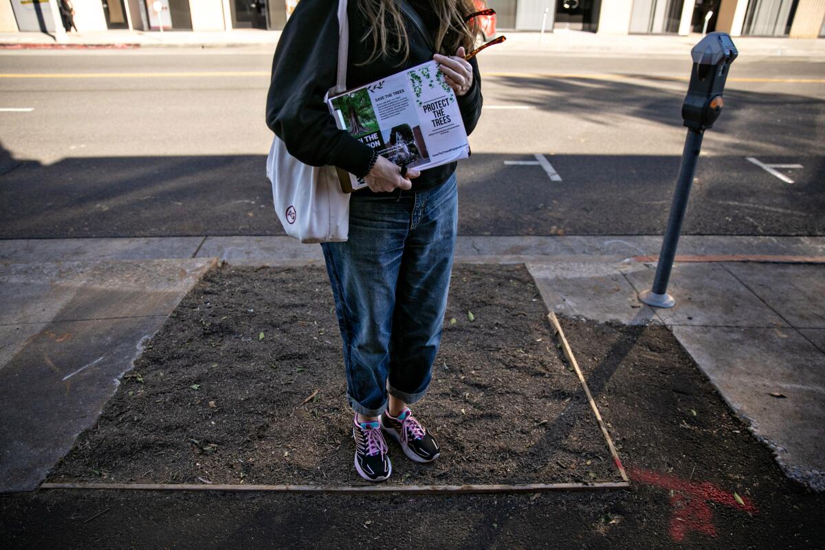 A woman stands on an empty sidewalk planter