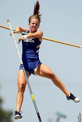 Santa Margarita junior pole vaulter Claire Hawkins fails to clear this attempt at 12-6 in the Southern Section Division III meet Saturday at Cerritos College. She eventually cleared the height to win the event and qualify for next week's Masters meet.