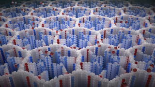 An illustration of the structure of COF-999, with pores that capture molecules of carbon dioxide.