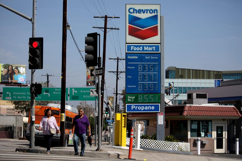LOS ANGELES, CA - SEPTEMBER 29: Chevron gas station, 901 Alameda St, Los Angeles, CA 90012on Thursday, Sept. 29, 2022 in Los Angeles, CA. The Los Angeles County average price rose 15.3 cents to $6.261, its highest amount since July 6, according to figures from the AAA and Oil Price Information Service. It has risen for 27 consecutive days, increasing $1.015, including 14.9 cents Wednesday. It is 67.4 cents more than one week ago, 98.2 cents higher than one month ago, and $1.852 greater than one year ago. (Gary Coronado / Los Angeles Times)